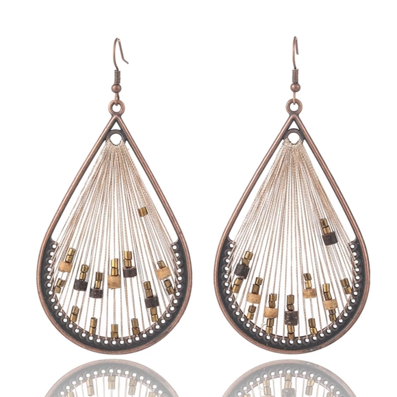 🔹️Water Drop Boho Fan Gold Thread Earrings - Picture 3 of 5